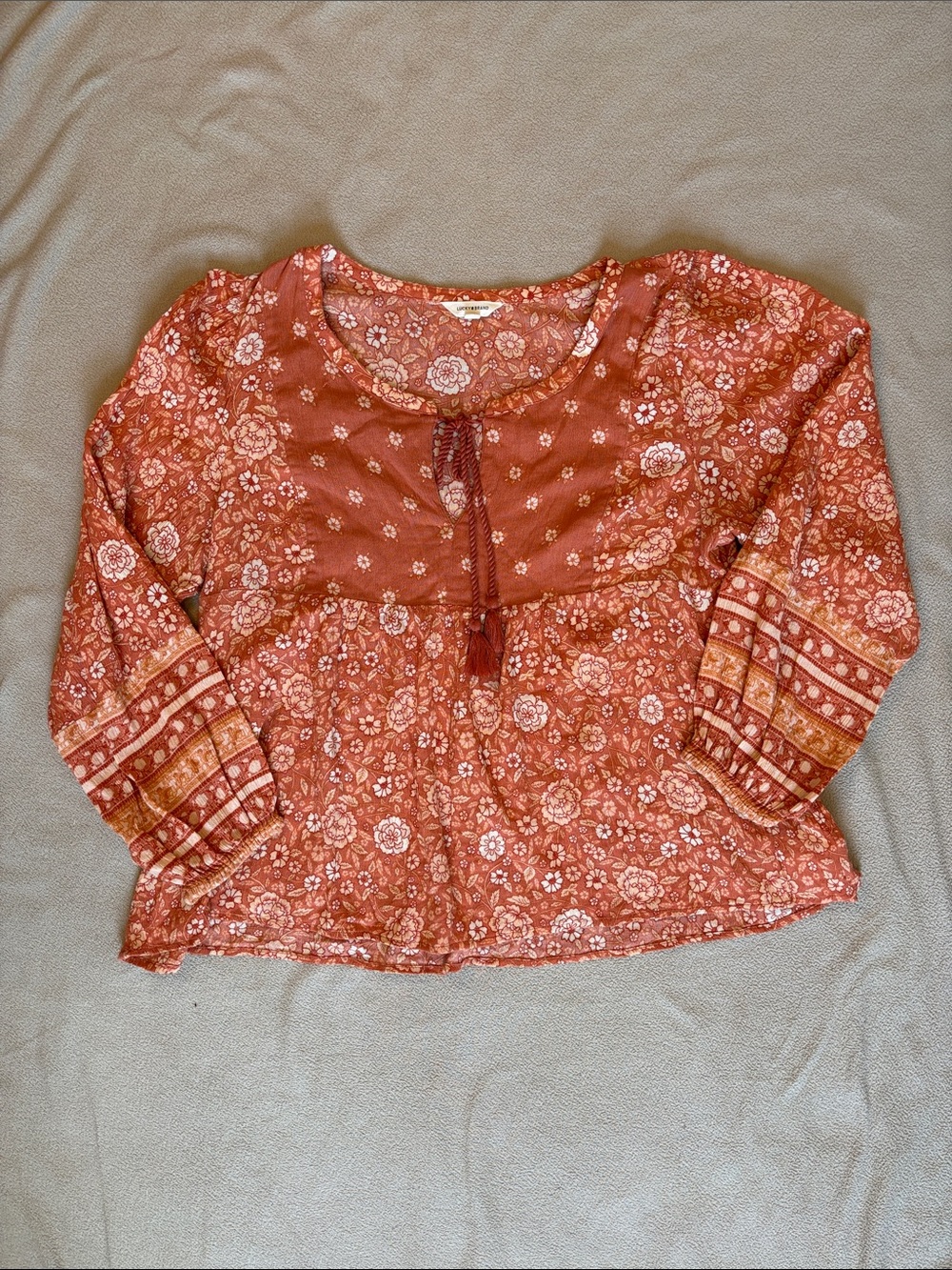 Lucky Brand Rust Floral Peasant Tunic with Tassel Detail